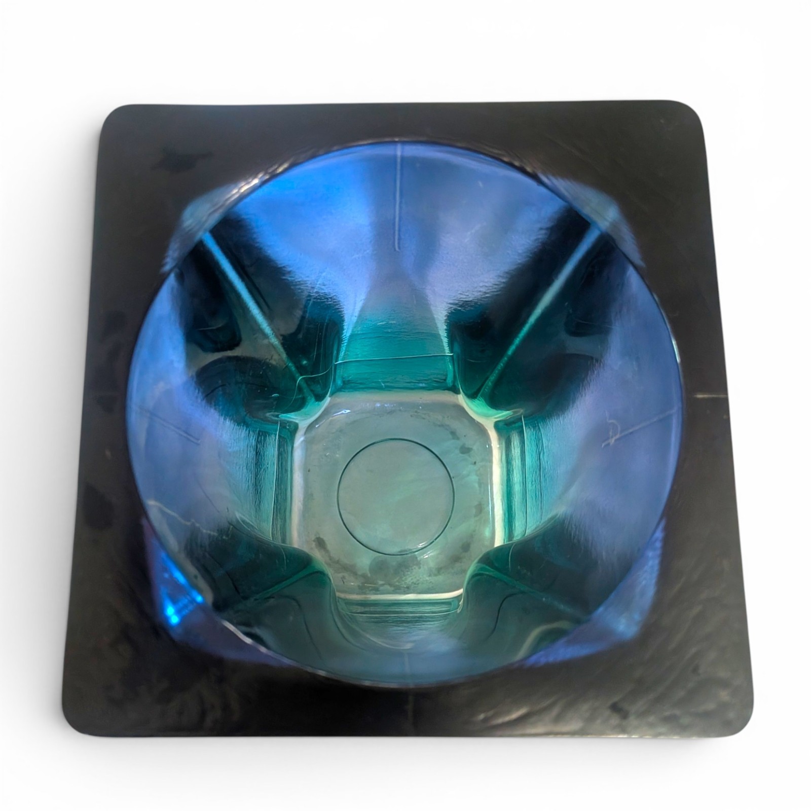Vtg Heavy Art Glass Block Vase Cobalt Blue to Teal Ombre Square Tapered 8.5″