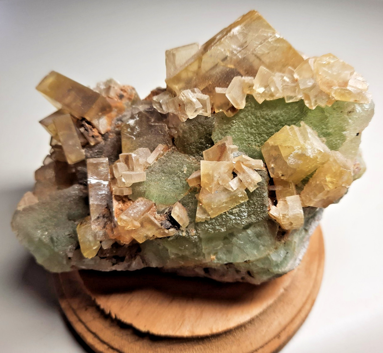 Golden Rhomboid Barite Crystals and Prehnite on Green Fluorite 1 lb 3 ounces