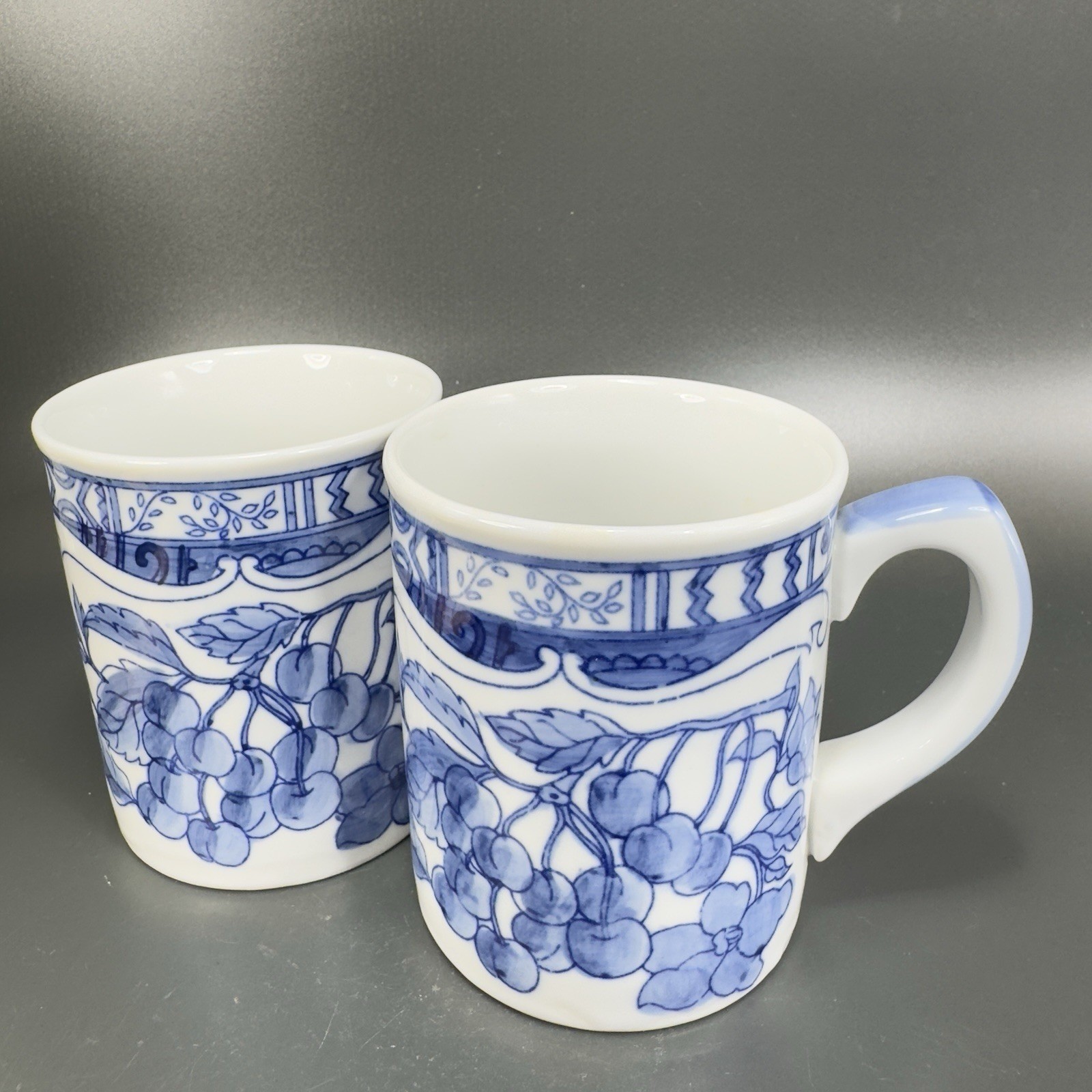 1995 Jardin Blue Cardinal Ceramic Coffee Mug Cup Set 2 Blue White Fruit Cherry