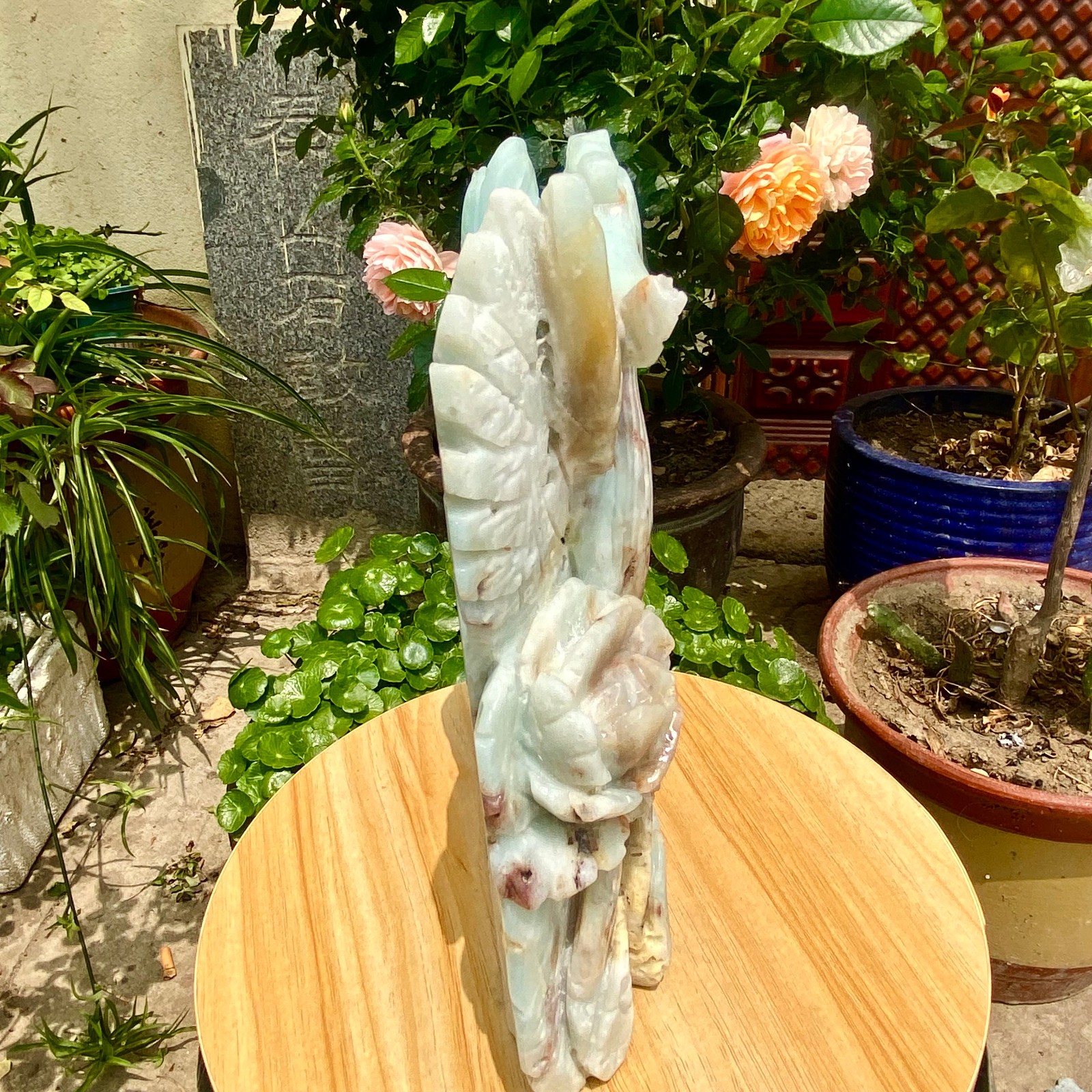 6.61LB Natural blue patterned carved phoenix ornament