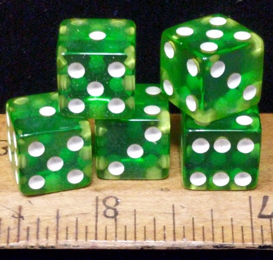 Vintage Crisloid cheater GREEN Lucite dice.5 dice 1/2″ (random matching numbers)