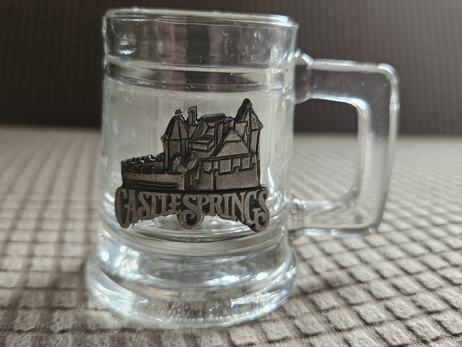 Sm Glass Mug Style Souvenir Shot Glass Pewter Like Emblem Attached CastleSprings