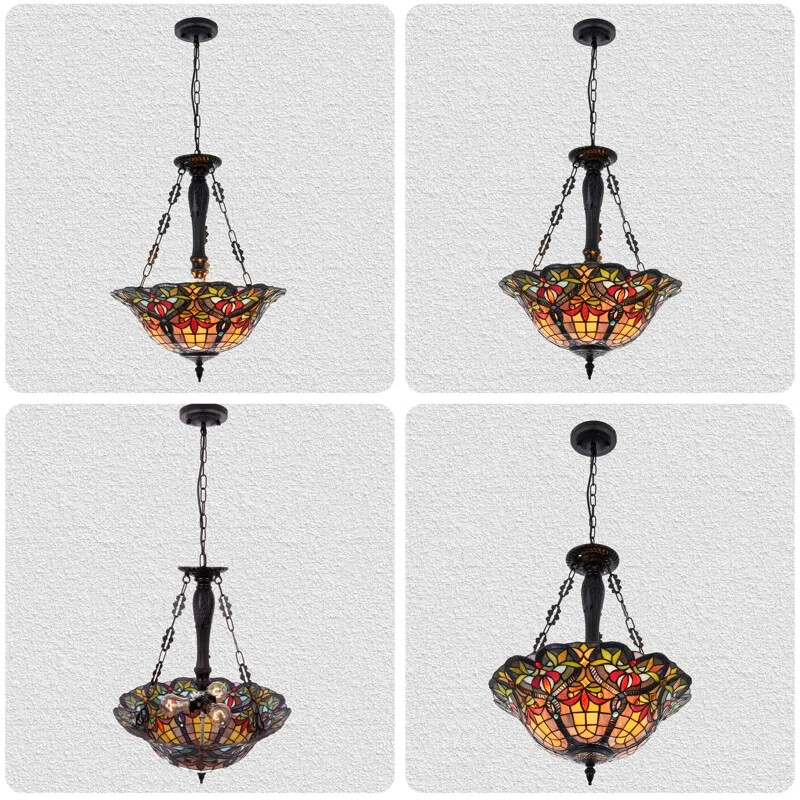 3-Light Tiffany Geometric Chandelier Semi Flush Mount Stained Glass Pendant Lamp