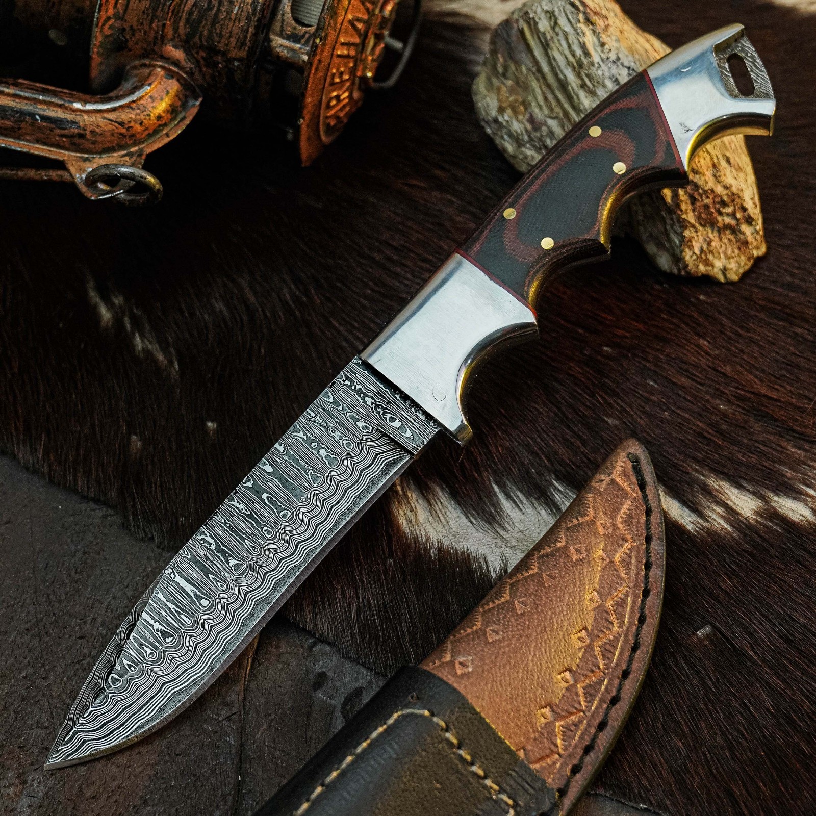 8.7″ Handmade Damascus Collector Knife Full Tang Micarta Handle Leather Sheath