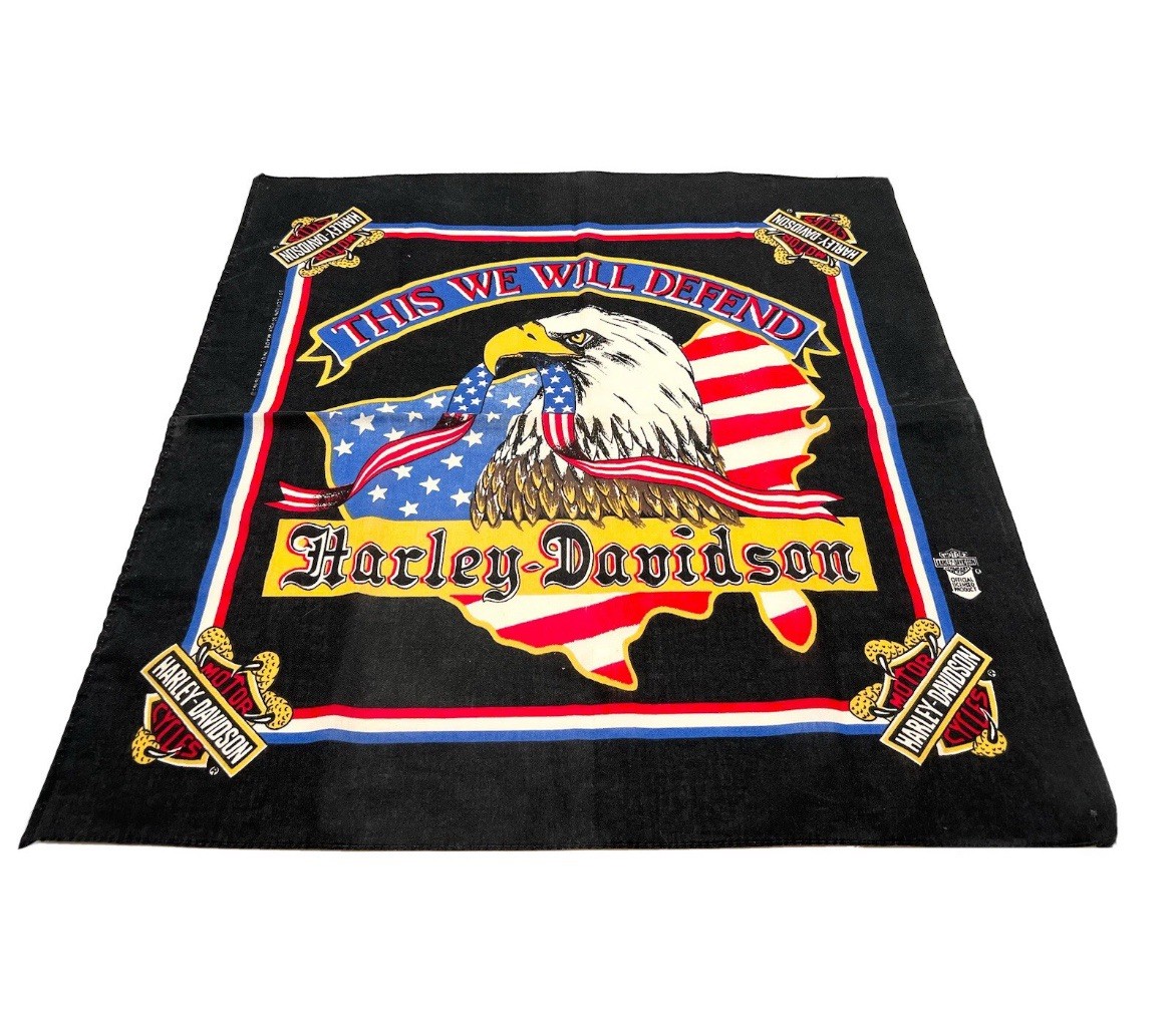 Vintage Harley Davidson Eagle Bandana This We Will Defend USA Made Black Scarf