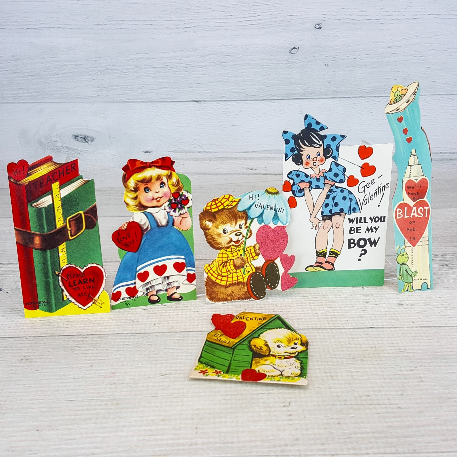 Vintage Valentine Cards 6pc Lot Flocked Hearts Space Alien Dog Bear Teacher USA