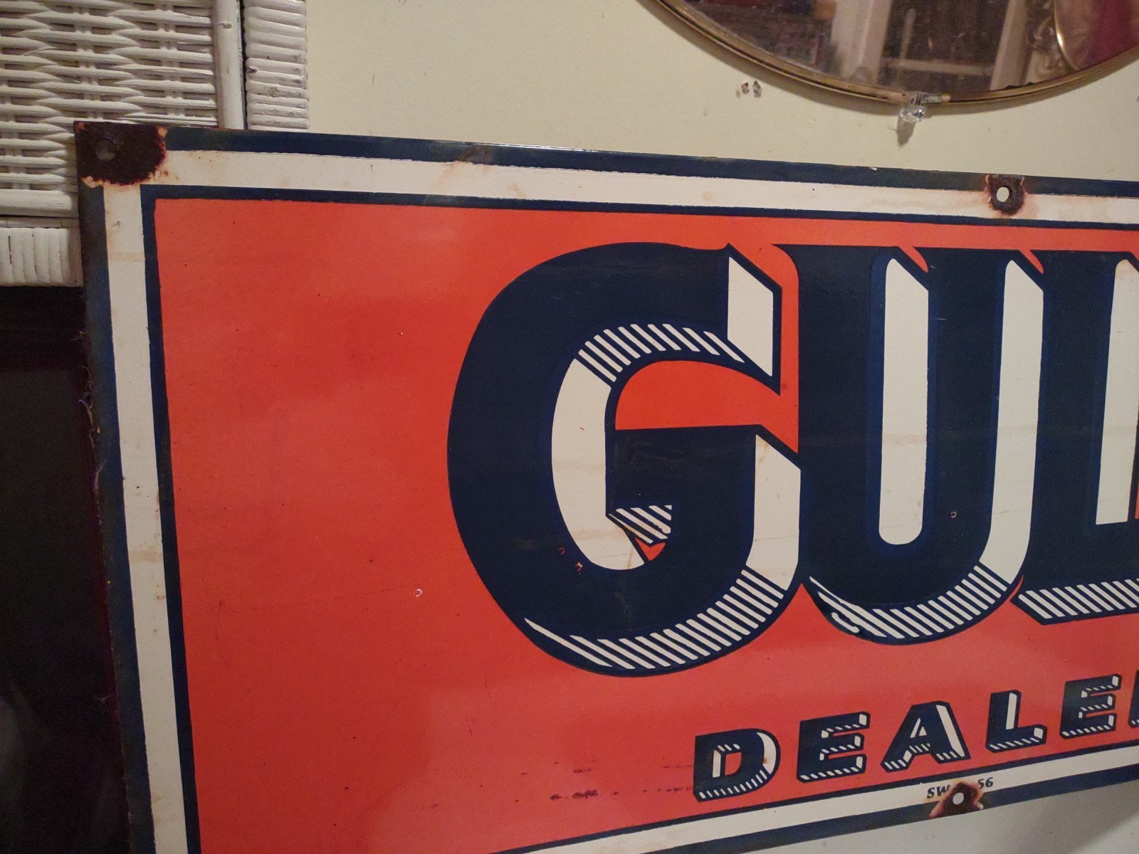 LARGE VINTAGE GULF MOTOR OIL PORCELAIN GAS OIL SERVICE STATION DEALER SIGN 3FT