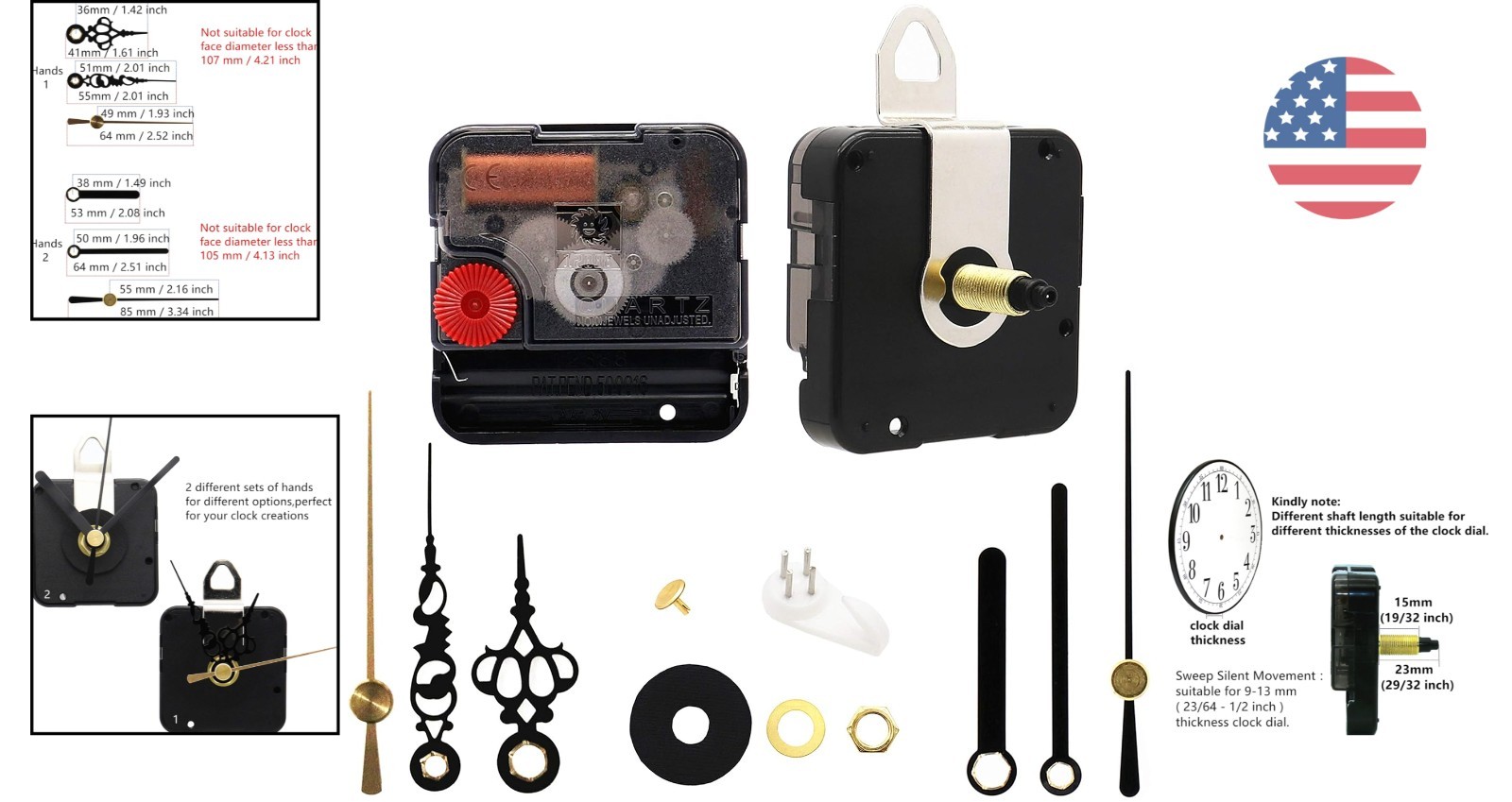 Elegant Silent Clock Movement Kit – Includes Hands & Accessories, 2.2″ Design