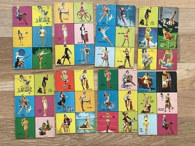 1942 Mutoscope Yankee Doodle Girls (W424-2f) – Lot of 8, near set, 6-in-1 cards