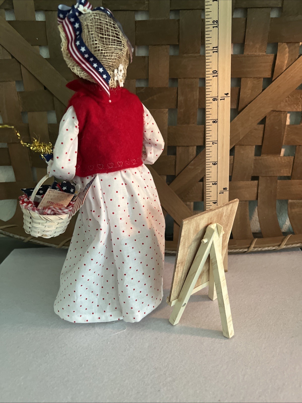 Byers Choice 4th Of July Woman w/Picnic Basket Cake Sparkler & Sign, Redressed