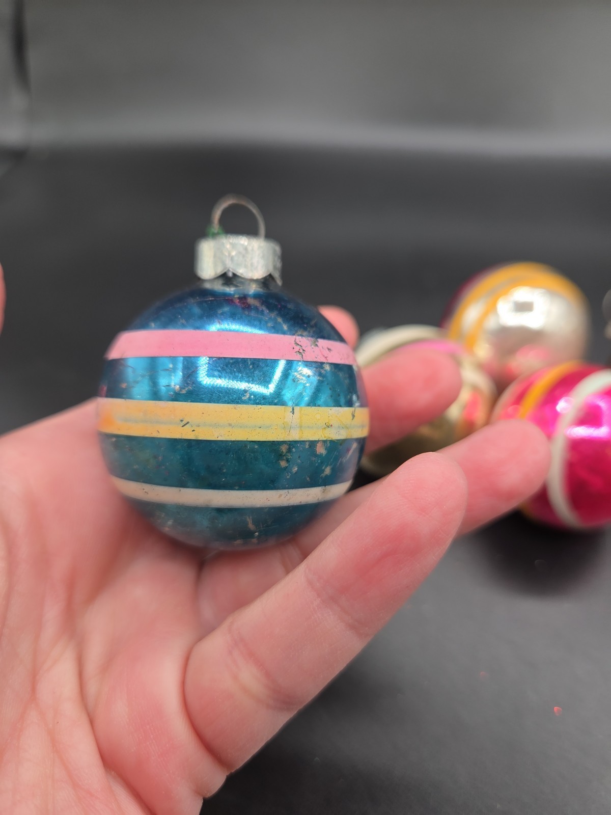 6 VTG MCM Shiny Bright Multi Color Striped Glass Ball Ornaments USA