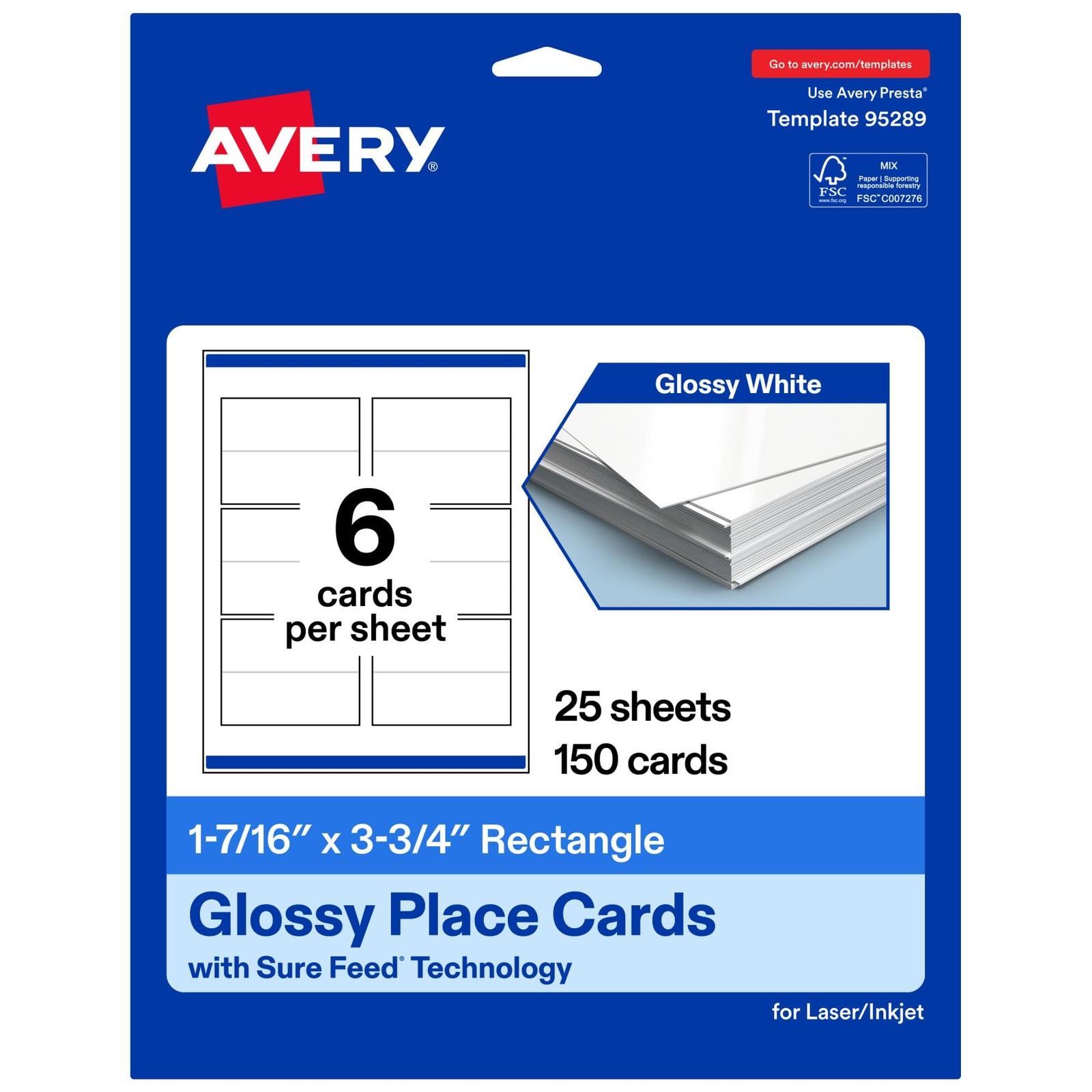 Avery Printable Rectangle Place Cards Sure Feed Technology 1-7/16 X 3.75 Glossy