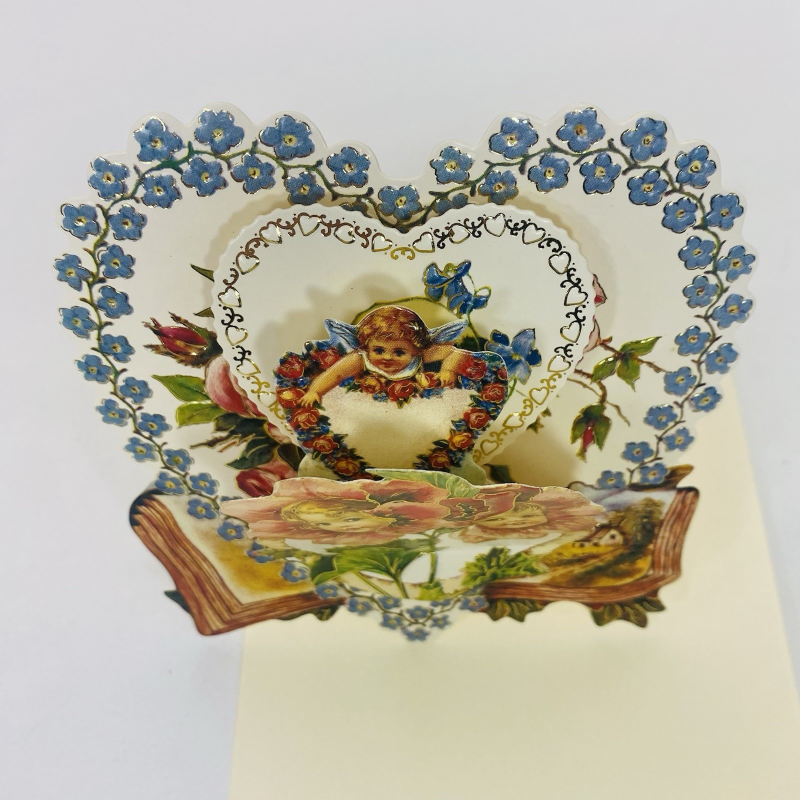 Vintage 1985 Merrimack Die-Cut Pop Up Valentine Stand-Up Card Floral Cherubs 3D