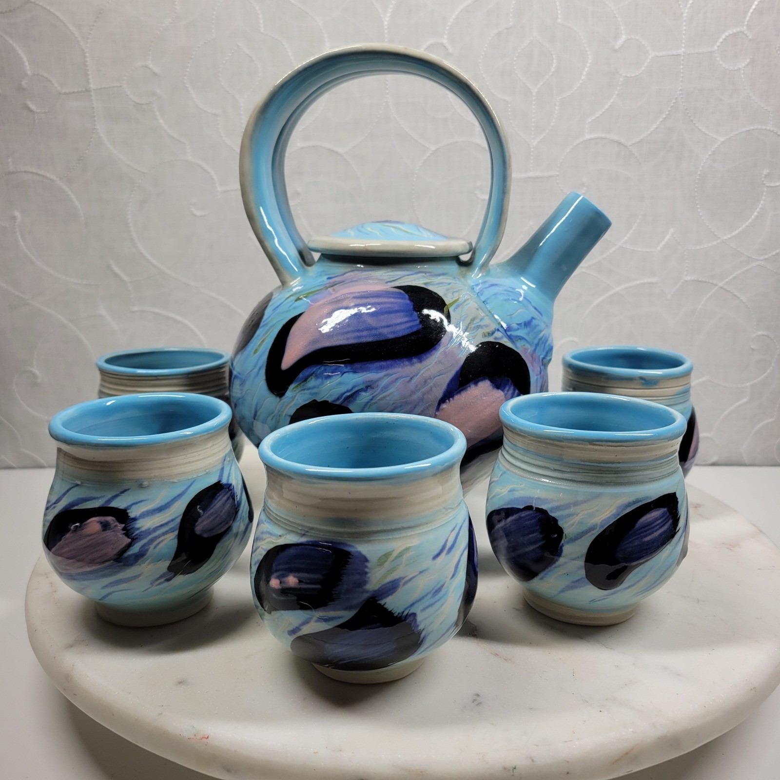 Earline Allen Fine Art Pottery Teapot Set 5 Cups Blue Abstract Artisan Signed