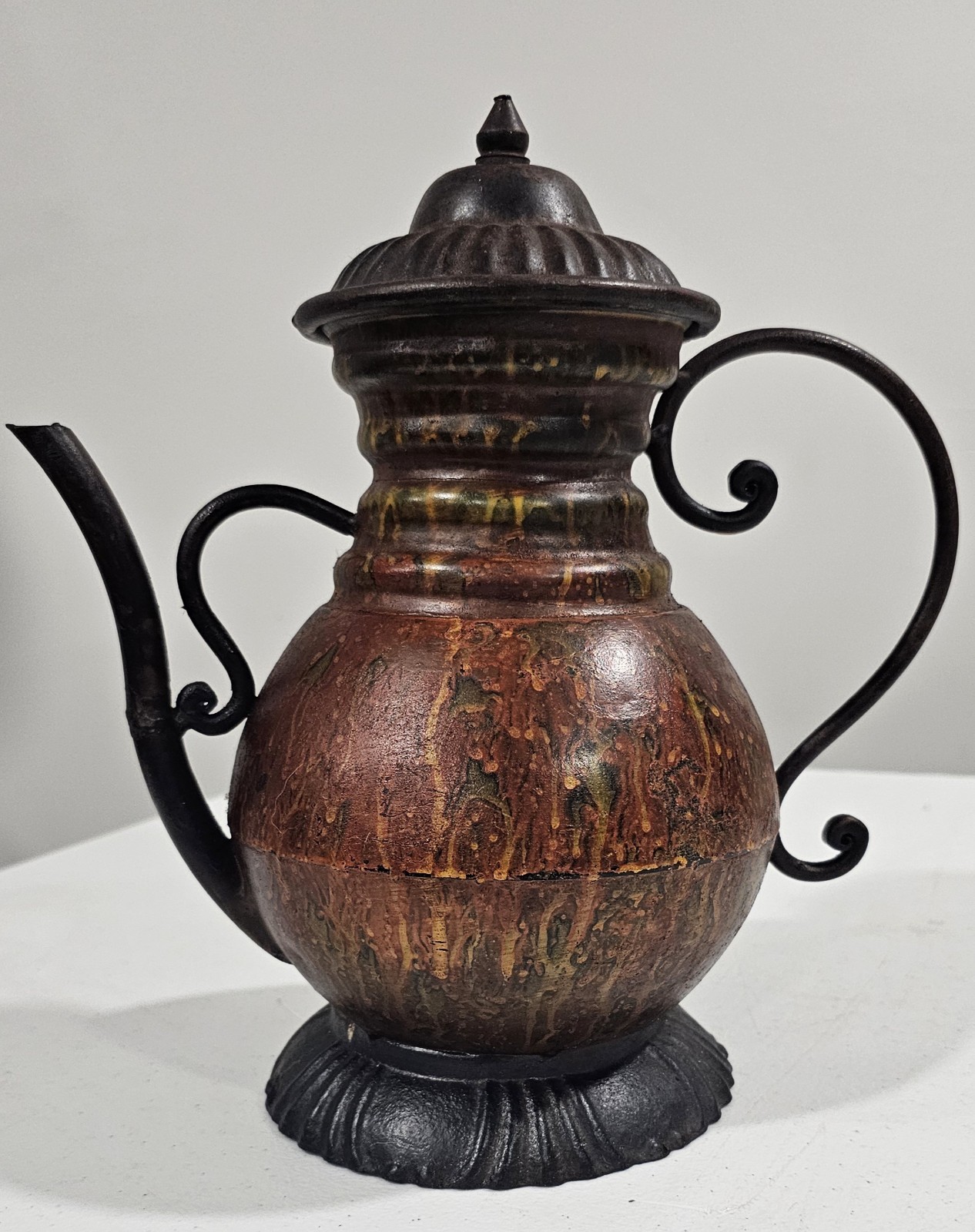 Antique Cast Metal Pitcher Brown Vintage Finish Curved Handle & Spout 11″ H