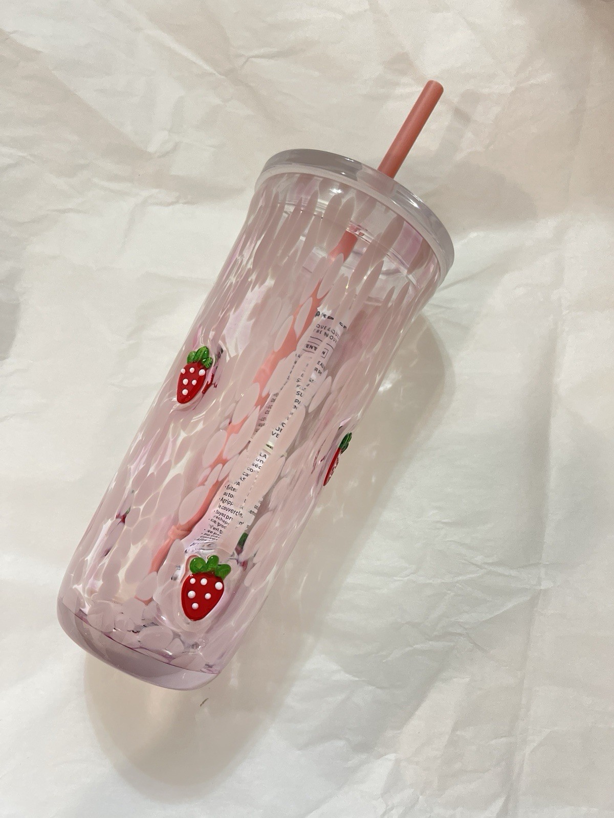 Starbucks LIMITED EDITION Pink Strawberry Print Glass Cup Tumbler w/ Lid & Straw