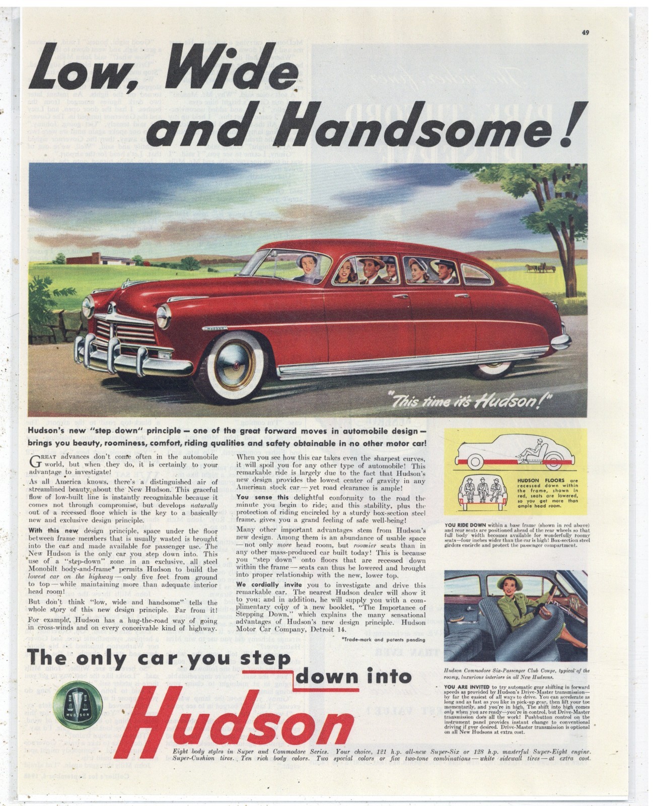 1948 Hudson Automobile Ad: Low, Wide & Handsome, Commodore Club Coupe