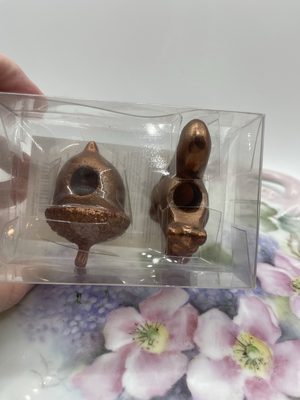 NEW MINI TAPER SQUIRREL AND ACORN CANDLE HOLDER SET OF 2 COPPER COLOR ALUMINUM