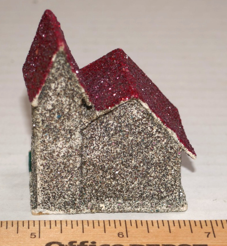 Set Of 5 Vintage Mini Putz Village Glitter Houses & Church-Japan Sticker