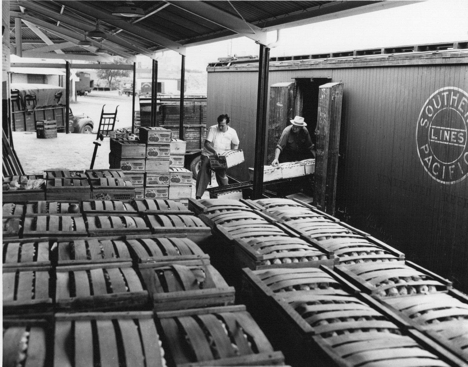 Unloading Fruit off SP Rail Car in Dallas 8×10 Black & White Gloss Finish 1940’s