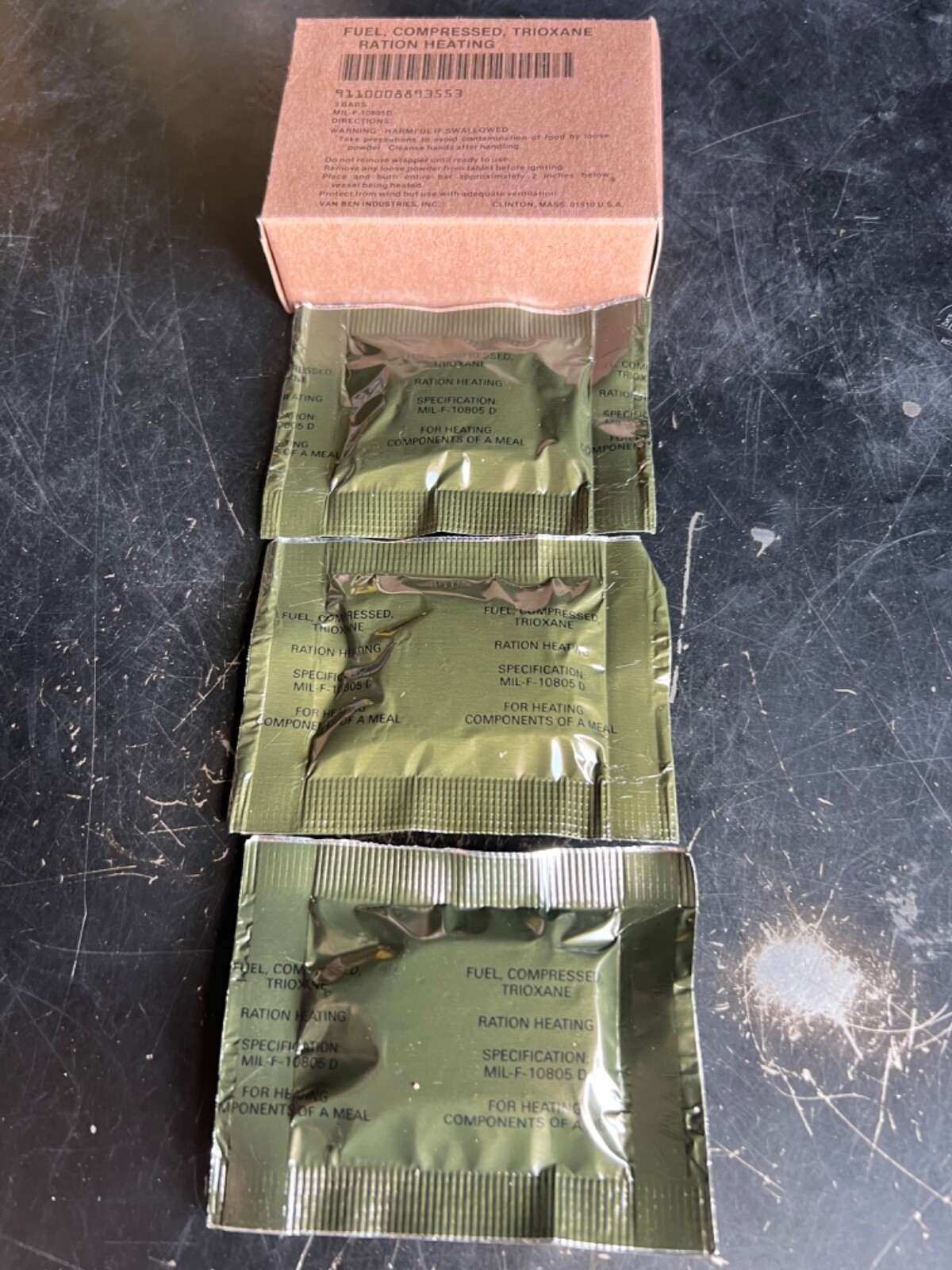 TRIOXANE MILITARY ISSUE LARGE COMPRESSED FUEL BARS – 1 BOXES, 3 BARS TOTAL- NIB
