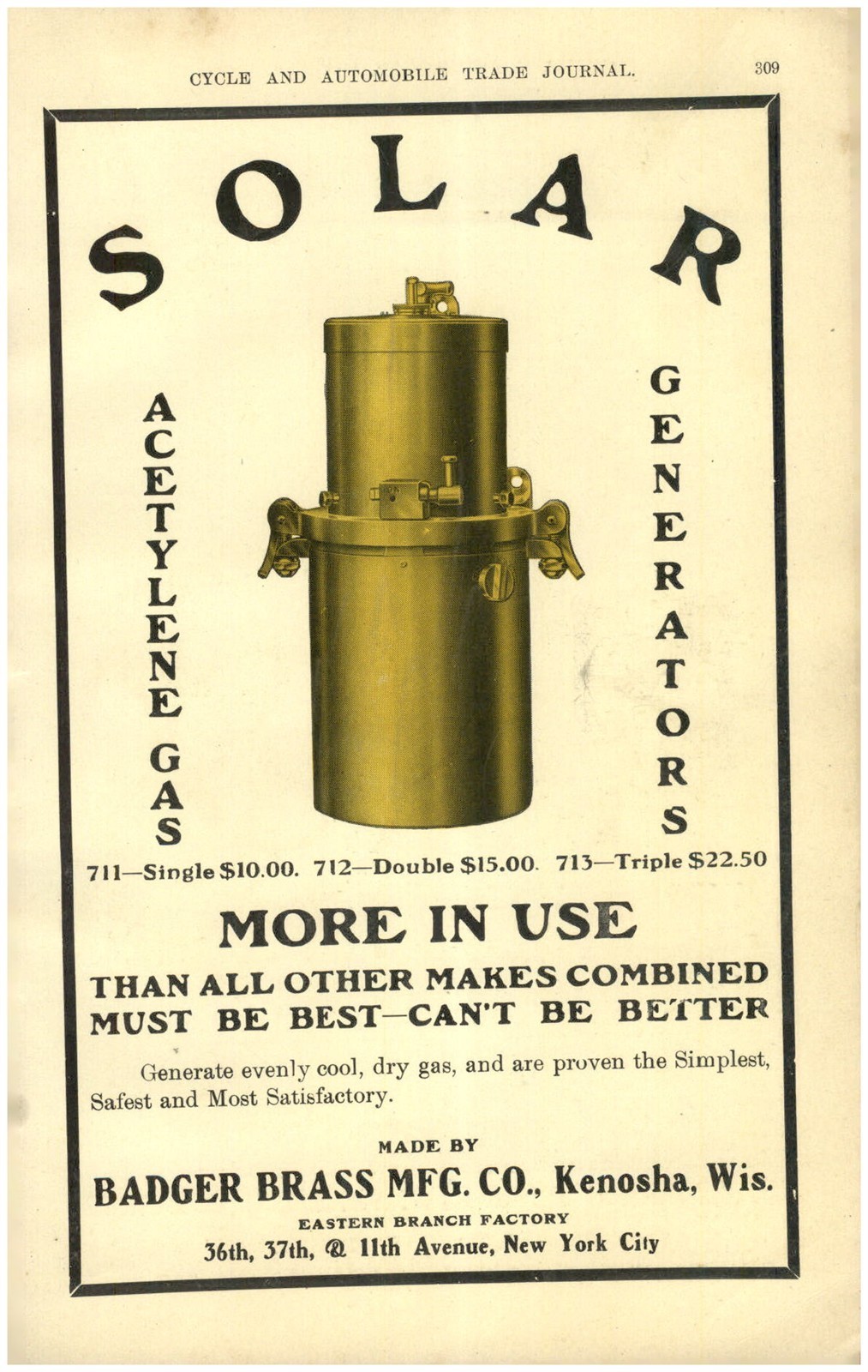 1907 PAPER AD CAR AUTO 4PG COLOR Badger Brass Solar Generator Lamp Search Light