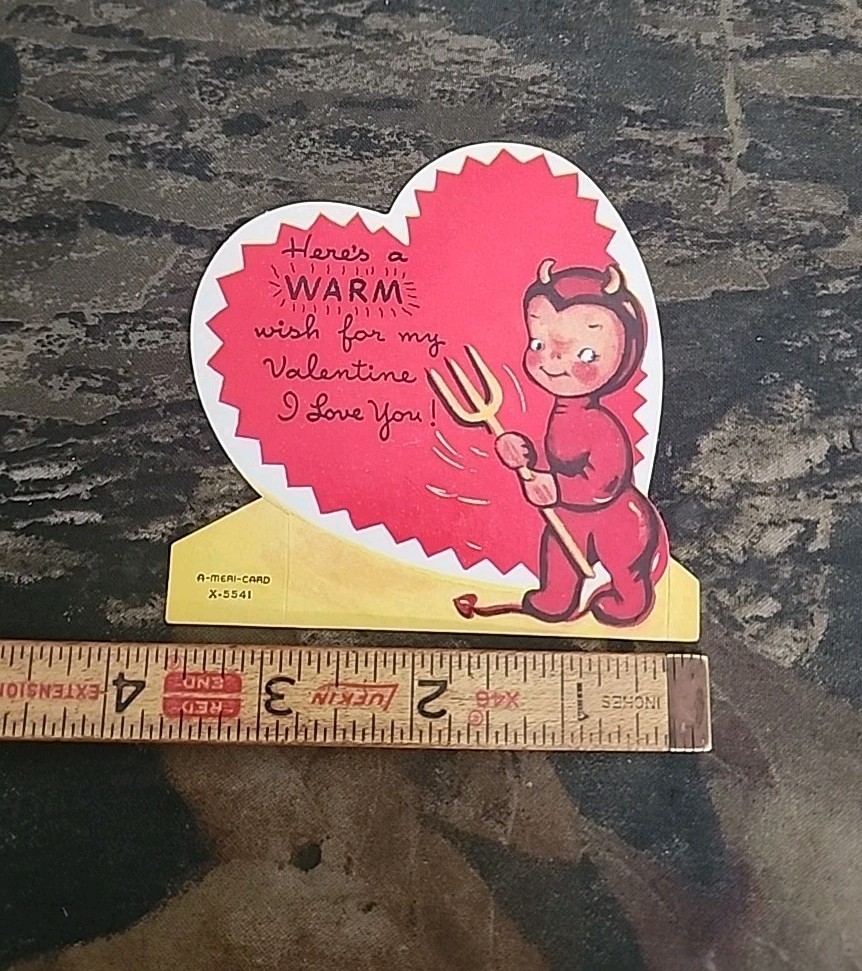 Vtg Valentine Card Mini Cupid Devil A-Meri-Card Die-cut Stand Up Used