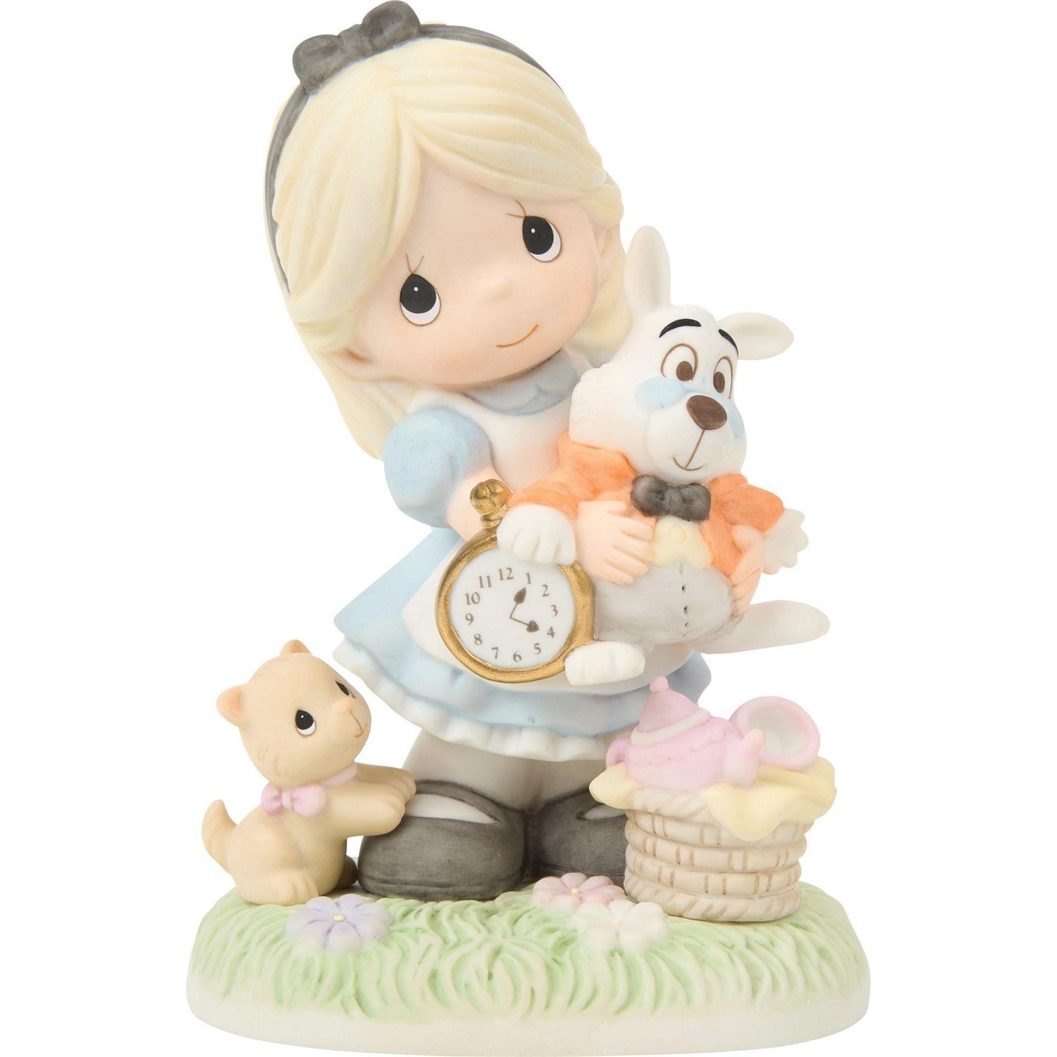 ❦ New PRECIOUS MOMENTS DISNEY Figurine ALICE IN WONDERLAND Cat Rabbit Clock Girl