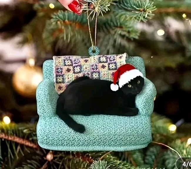 Charming Black Cat Christmas Tree Ornament – Acrylic Holiday Decor Pendant –