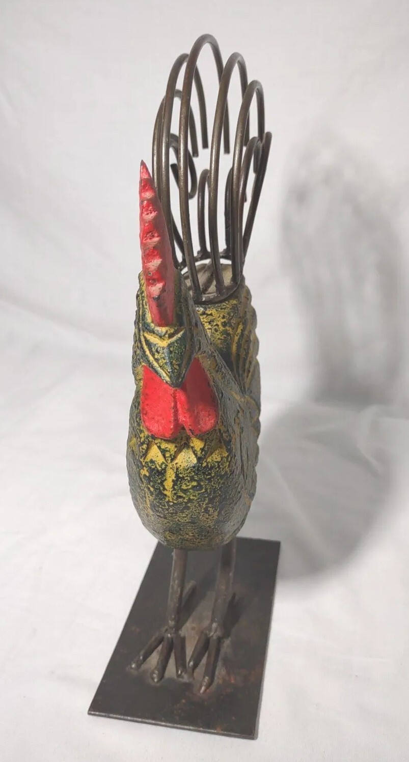 Rooster Statue Wire Legs and Tail Feathers Metal Body Yellow & Black w/Red Comb