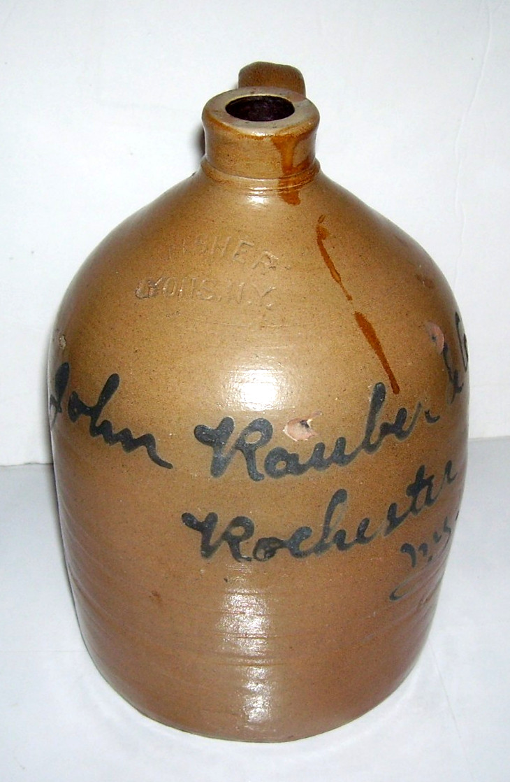 RARE J. FISHER LYONS NY 1 GAL. JOHN RAUBER & Co. ROCHESTER NY CROCK JUG WHISKEY