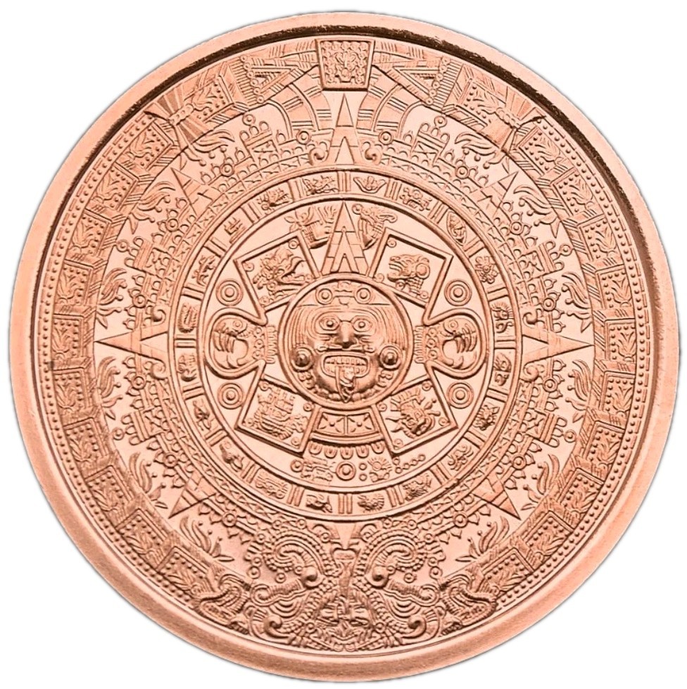 1 Oz Cooper MEXICAN AZTEC CALENDAR N EMPEROR CUAUHTEMOC Round.
