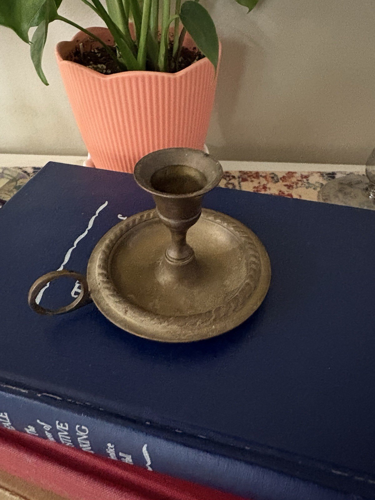 Antique Brass Chamber Stick Candlestick Finger Loop Handle Cottagecore Decor