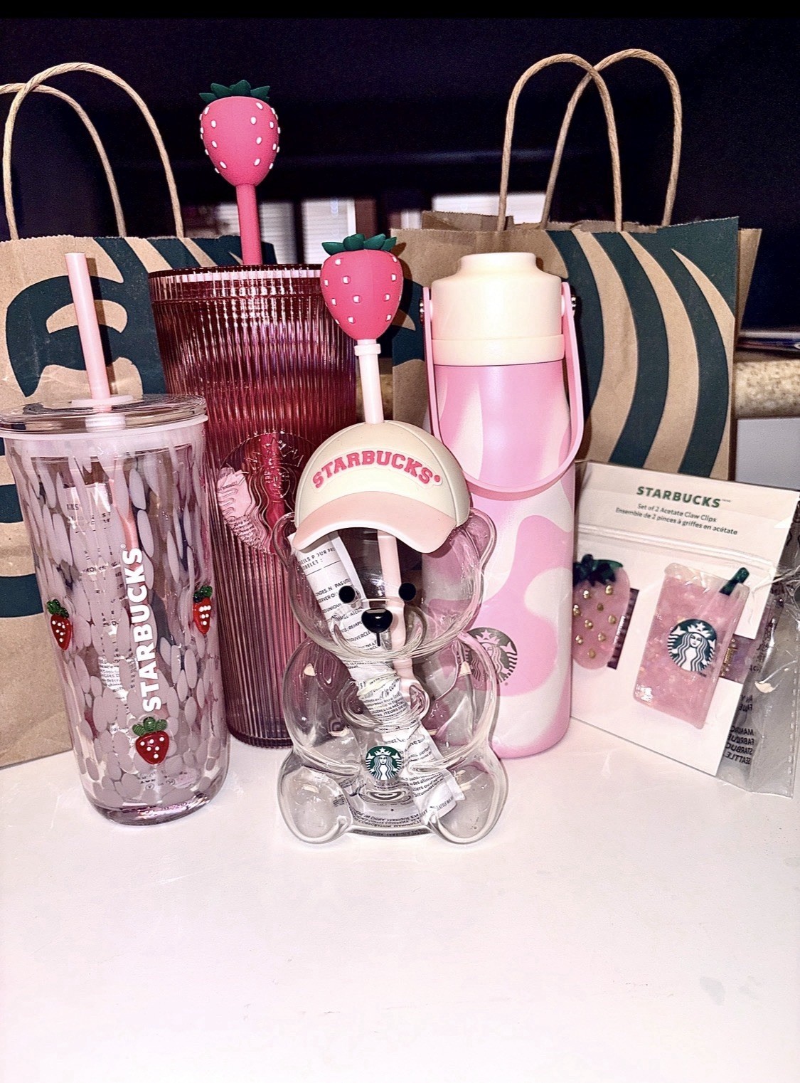 Starbucks Pink Vibes Limited Edition Bundle Bearista Bear Hair Clips + 3 Tumbler