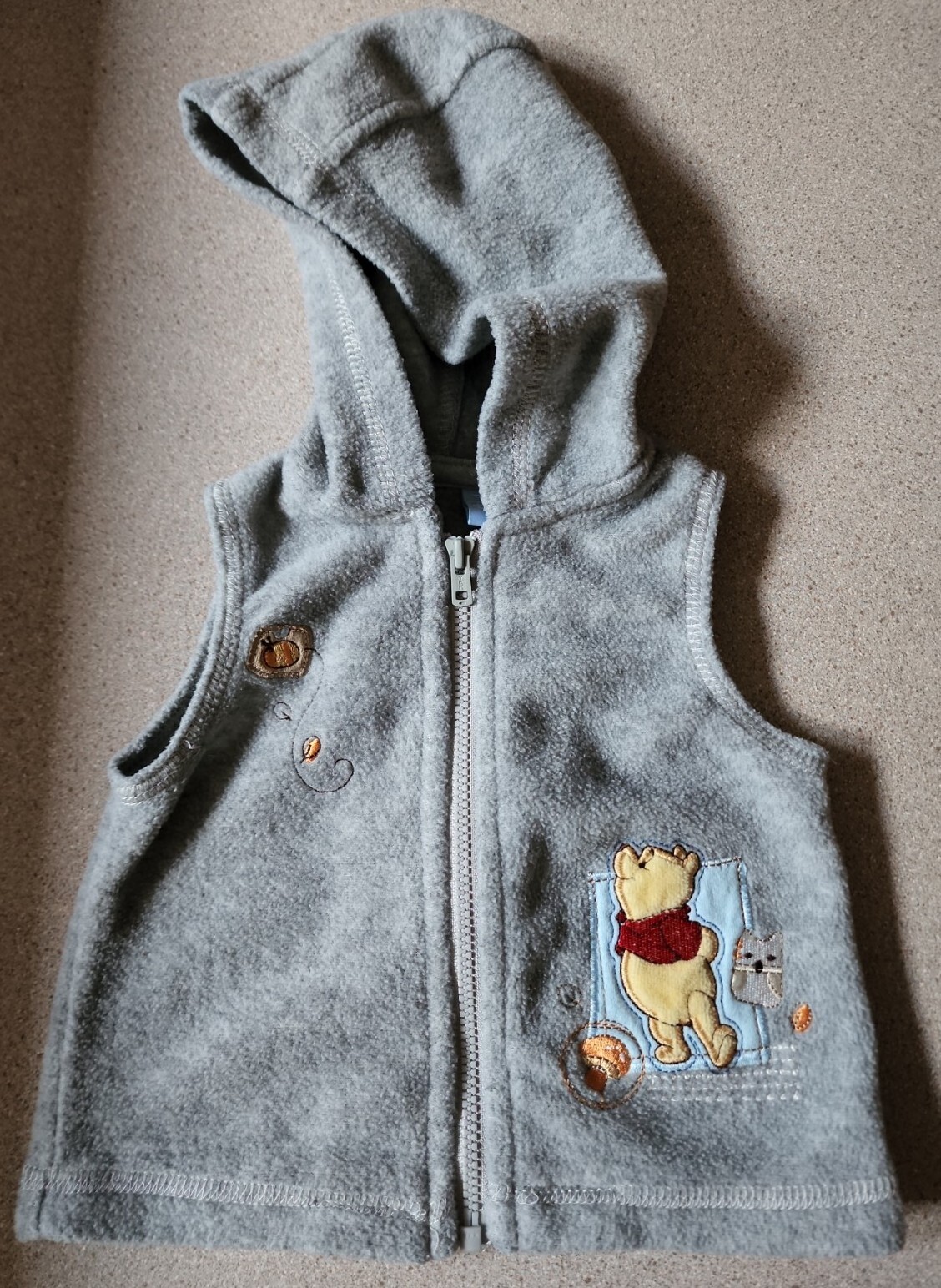 Disney Baby Grey Zip Up Sleeveless Hoodie Winnie The Pooh Sz 0-3M 100% Polyester