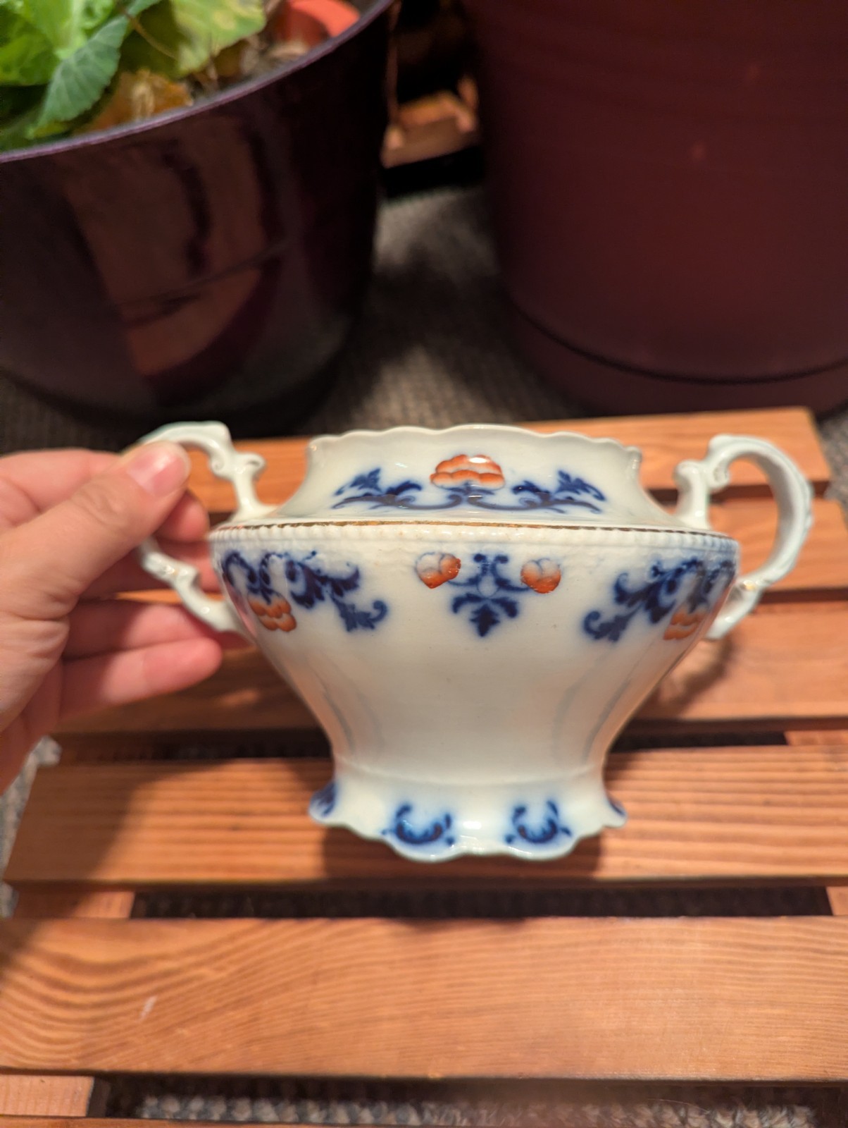 Antique W. H. Grindley Flow Blue Pattern Sugar Bowl NO LID!