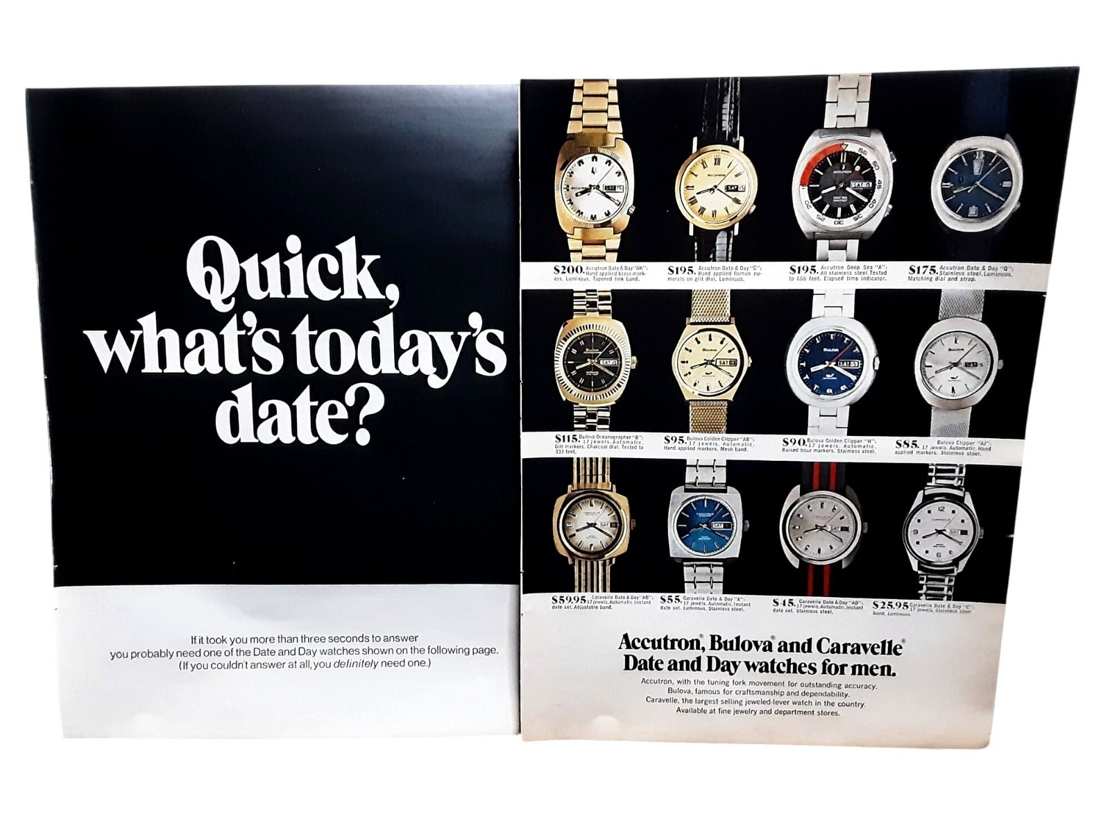 1971 Bulova Accutron Caravelle Watches Date Day Vintage 2 Page Print Ad