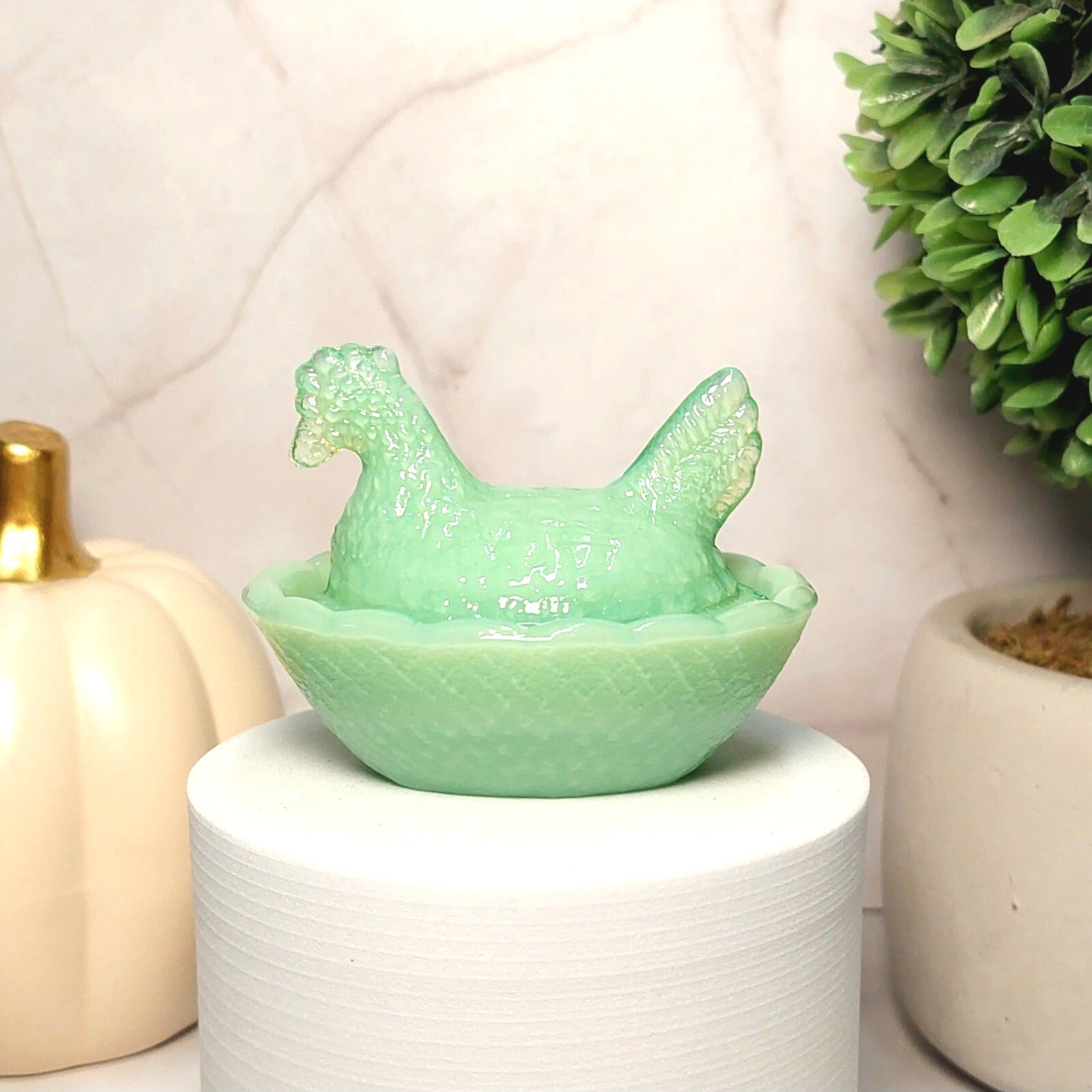 Jadeite Depression Style Glass Mini Hen On Nest Chicken Salt Dish, Vintage Style