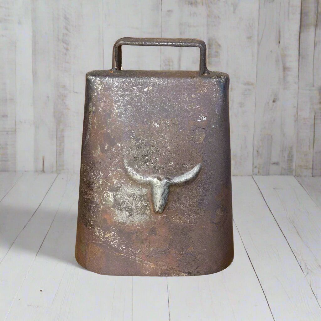 Cow Bell Cast Iron With Raised Steer Head And Vintage Antique Finish (6″ x 4.5″)