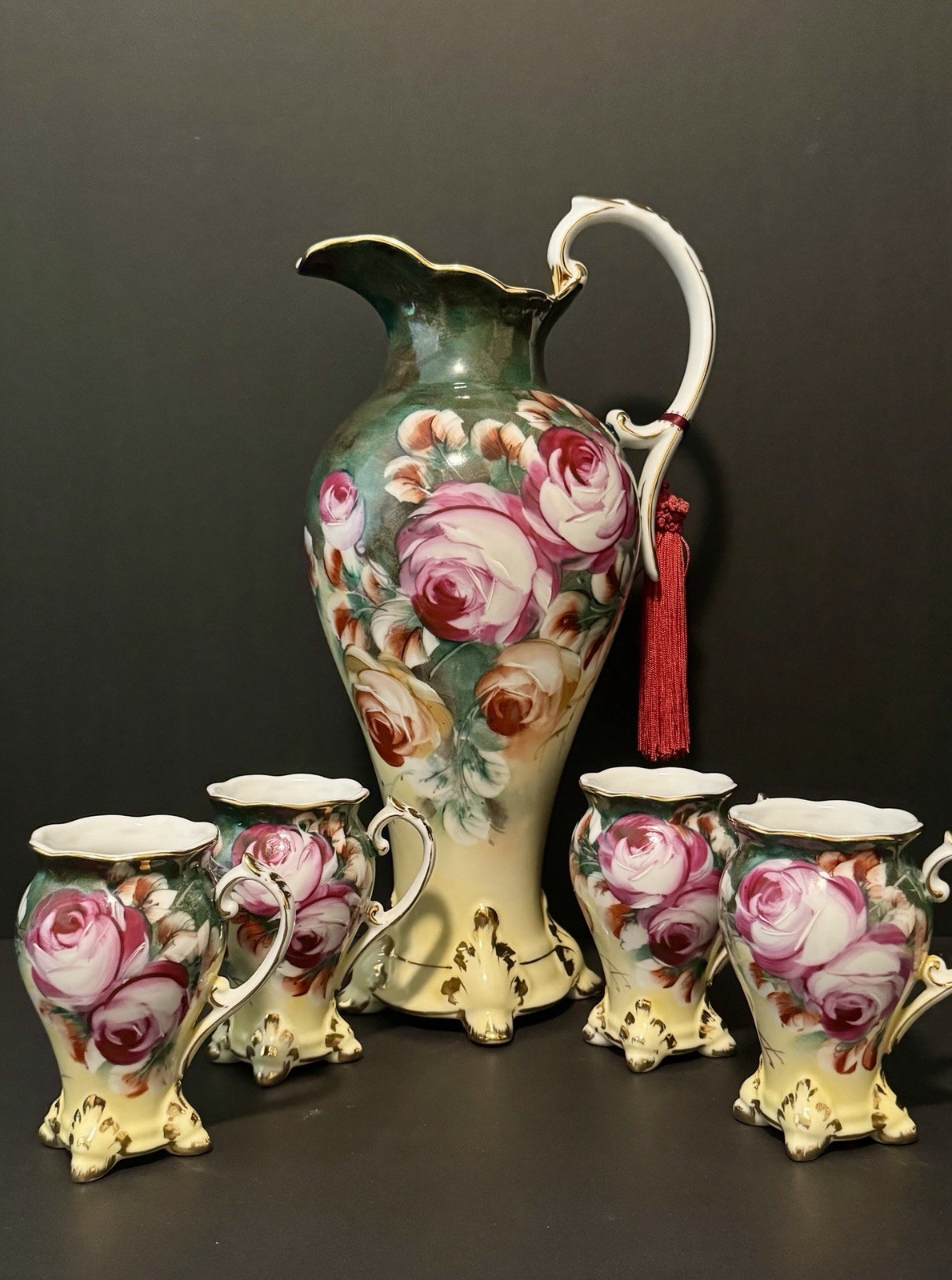 Vintage Limoges Large 15” Lemonade Pitcher & 4 Glasses Cabbage Roses Gold Footed