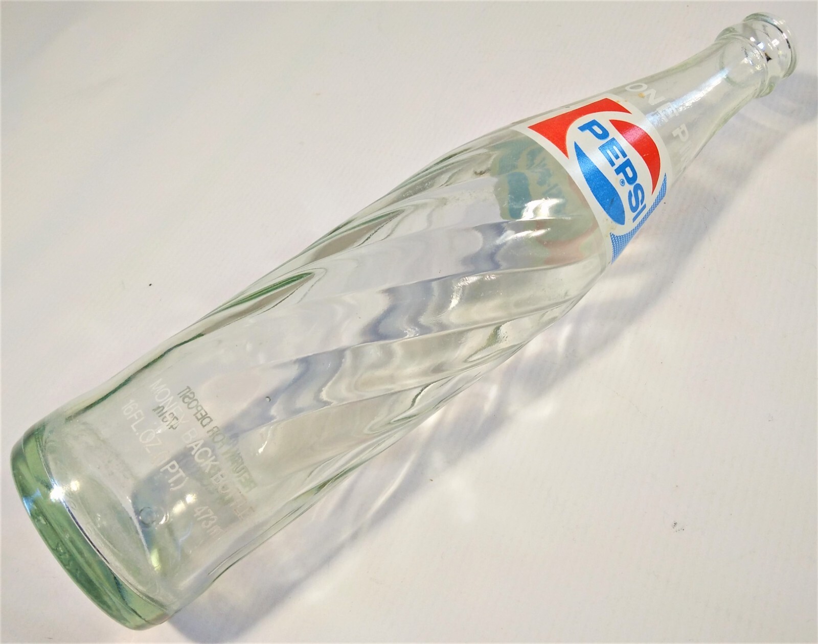 Pepsi-Cola Bottle 16 Oz One Pt Money Back Return For Deposit Soda Pop Clear Vtg