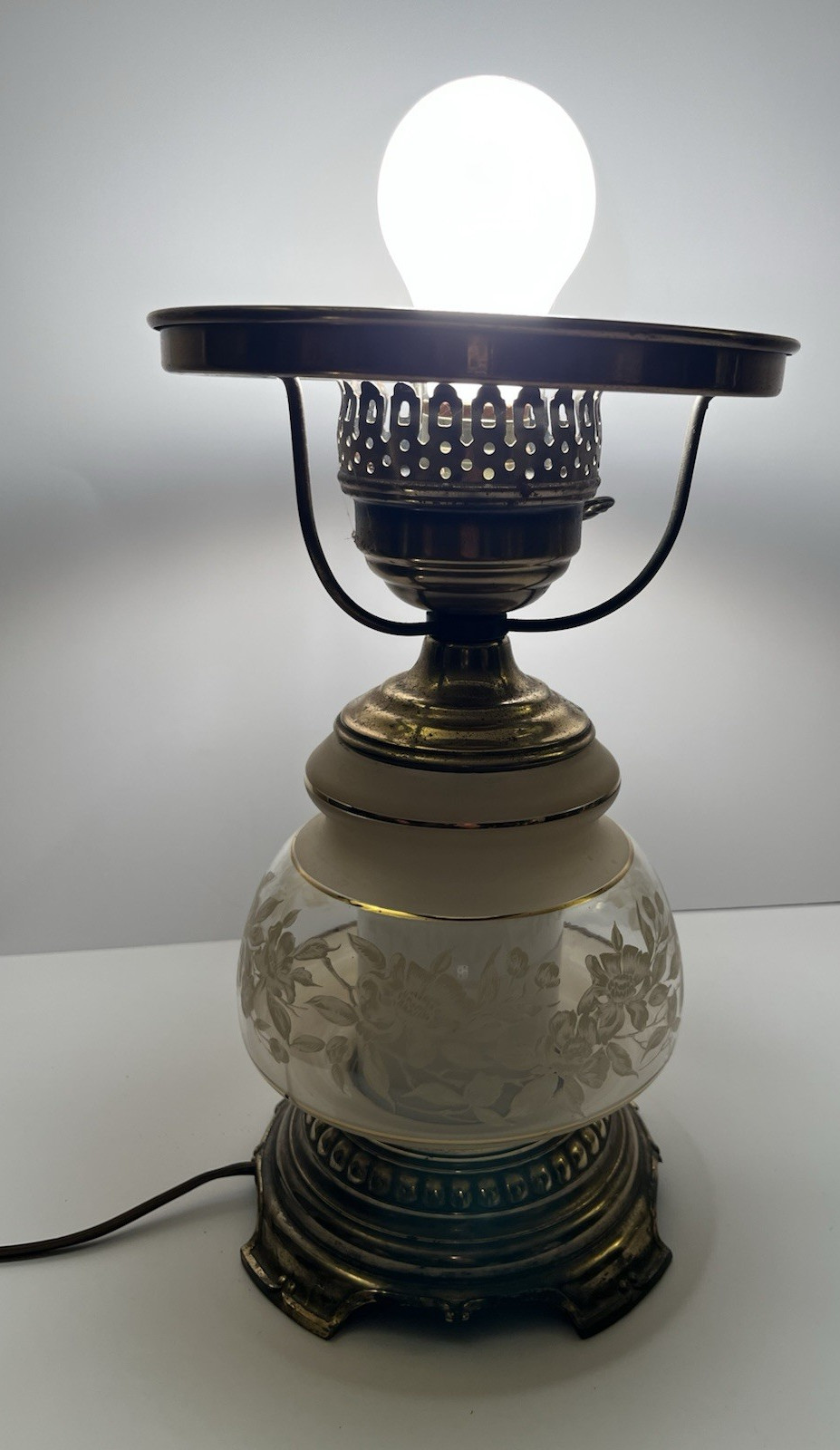 Quoizel Amber Glass Hurricane Gone With The Wind Rose Pattern Lamp Base NO SHADE