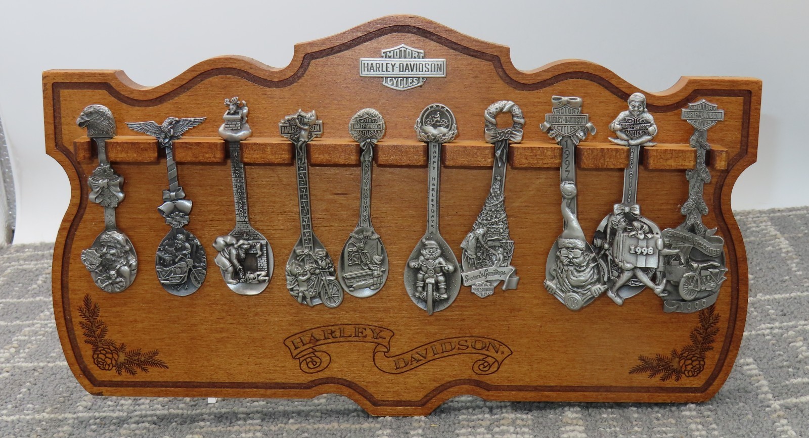 Harley Davidson 1990-1999 Christmas Pewter Spoons with Wooden Holder