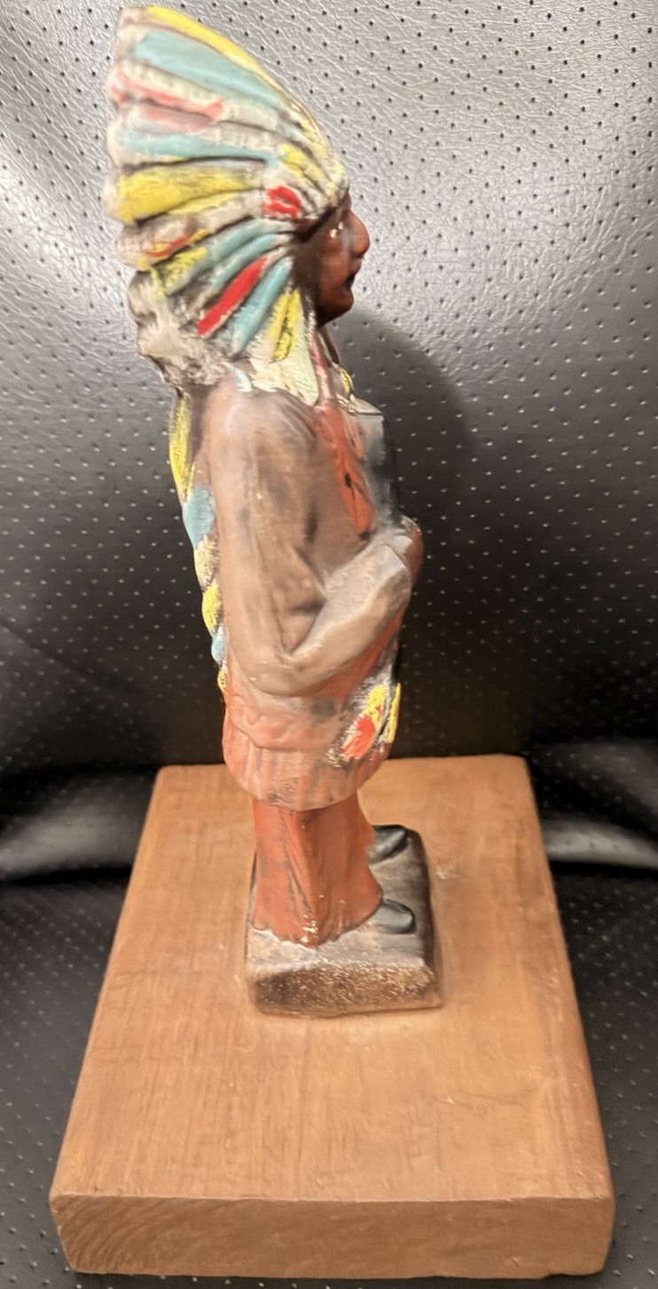 Vintage Native American Cigar Store Chief 9.5” Tall on wood base
