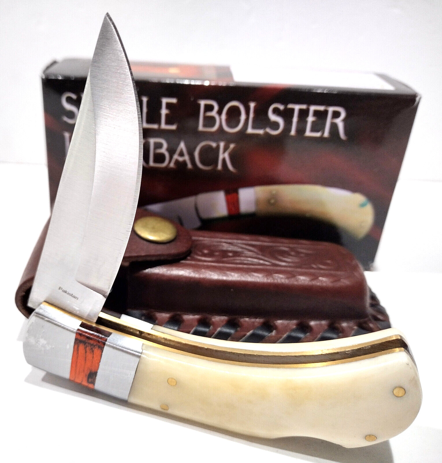 Buck White Bone Hunting Skinning Lockback Folding Pocket Knife + Leather Sheath