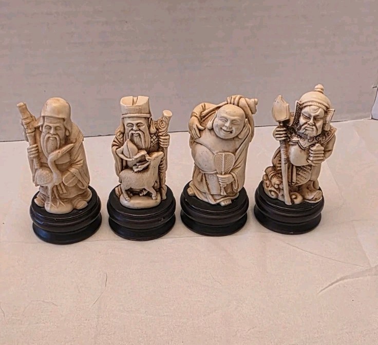 Vintage Chinese Molded Resin Miniature Statues on Wooden Pedestals BUDDAH CARVED