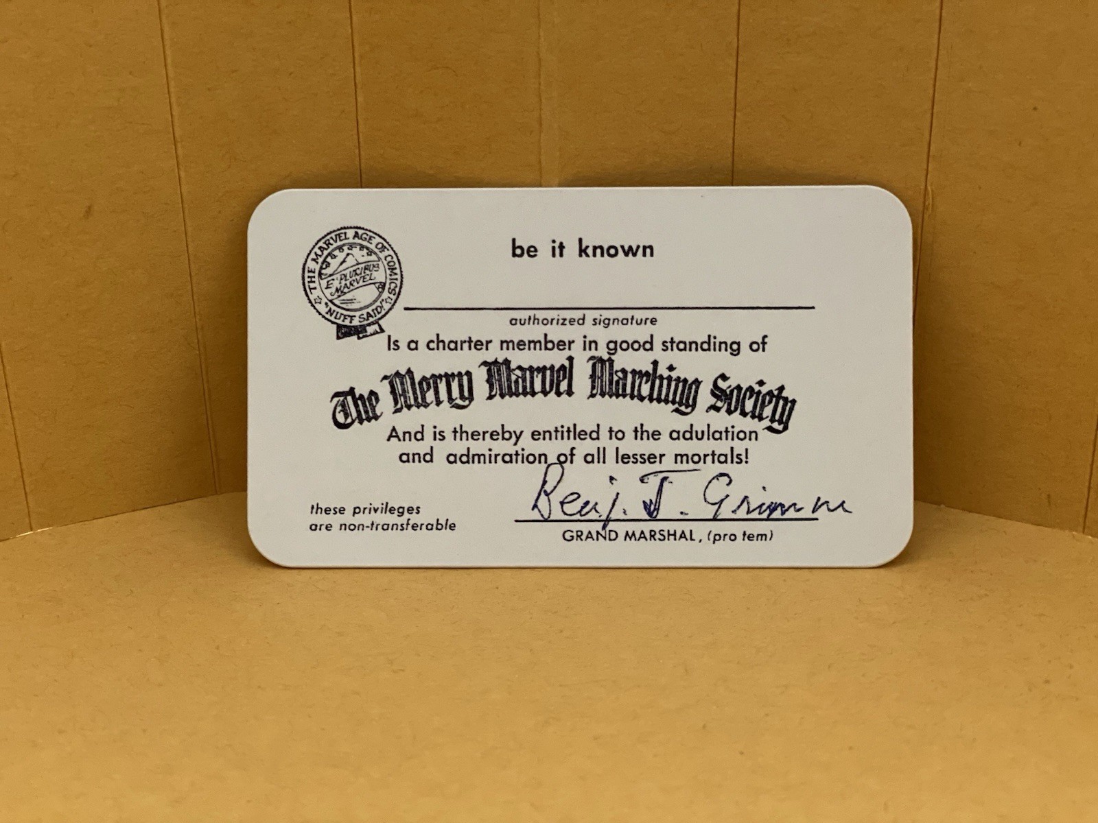 THE MERRY MARVEL MARCHING SOCIETY MEMBERSHIP CARD – BEIGE – VINTAGE REPRINT