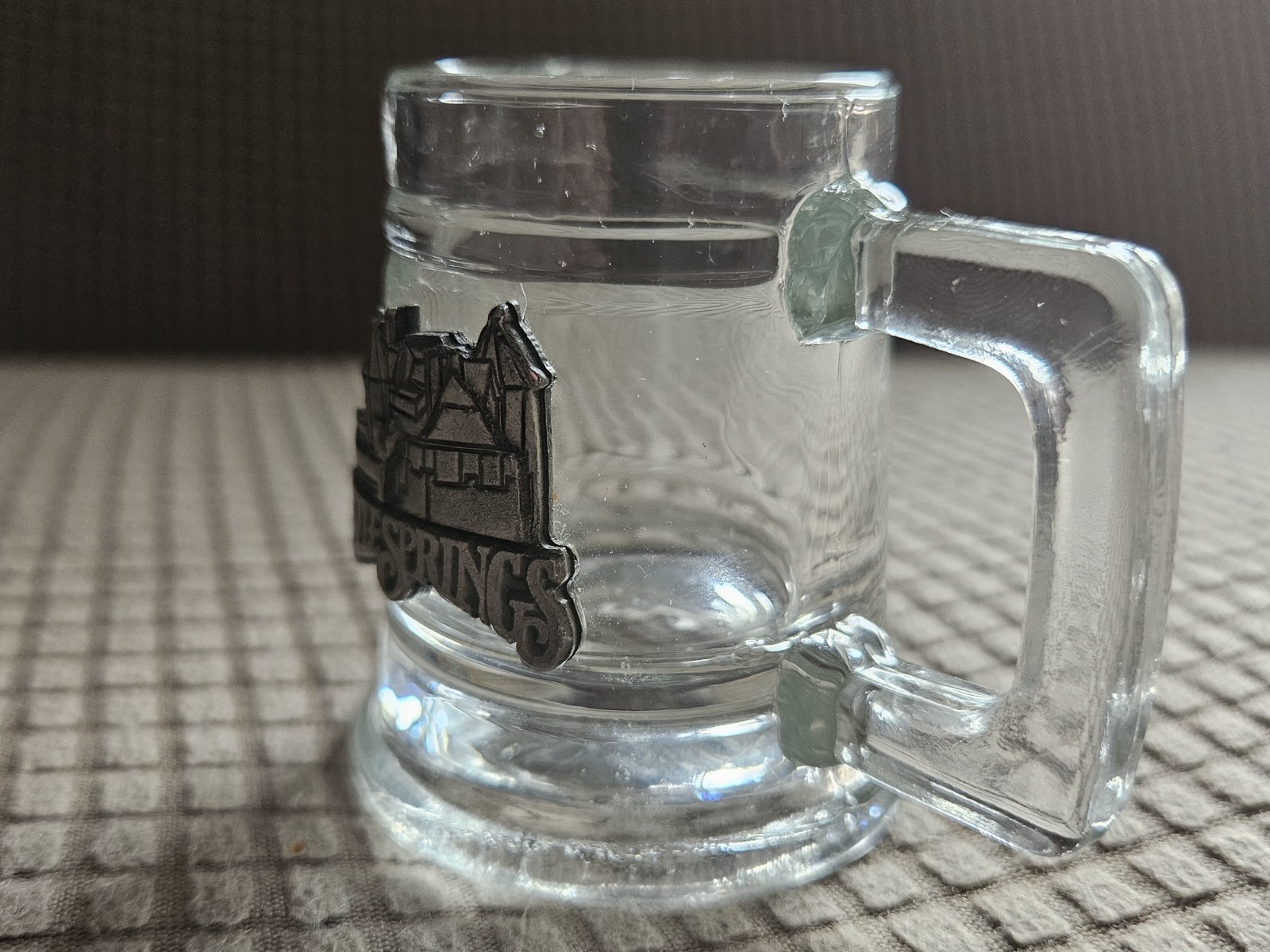 Sm Glass Mug Style Souvenir Shot Glass Pewter Like Emblem Attached CastleSprings
