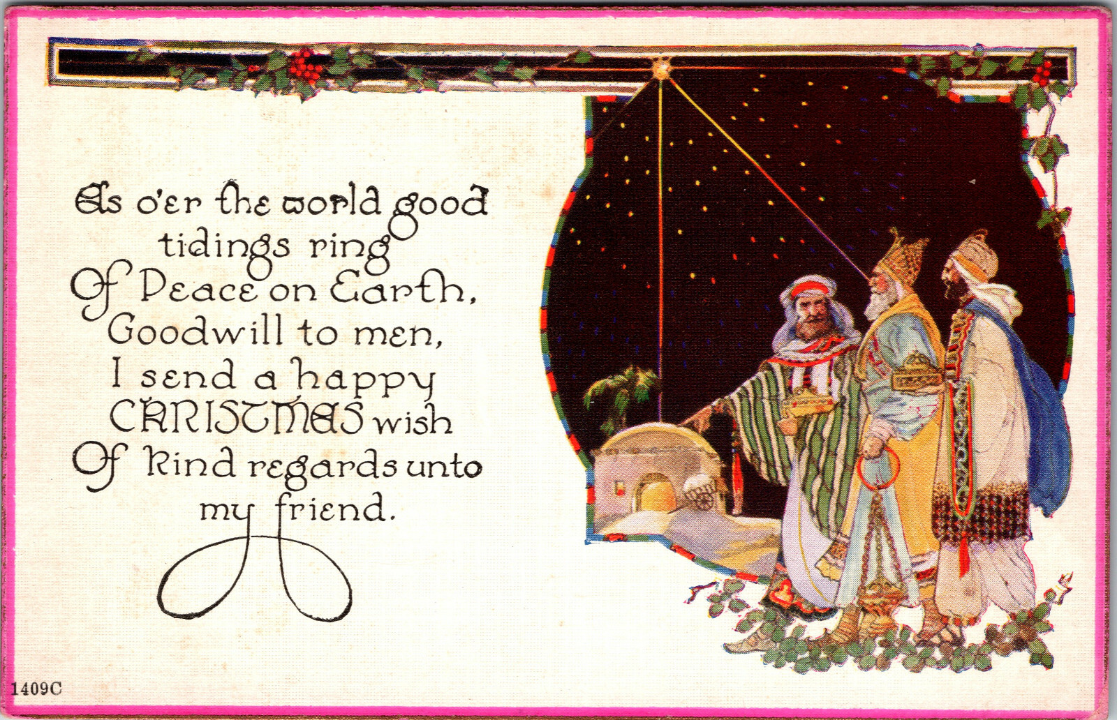 Happy Christmas 3 Wise Men Peace On Earth Vintage Postcard