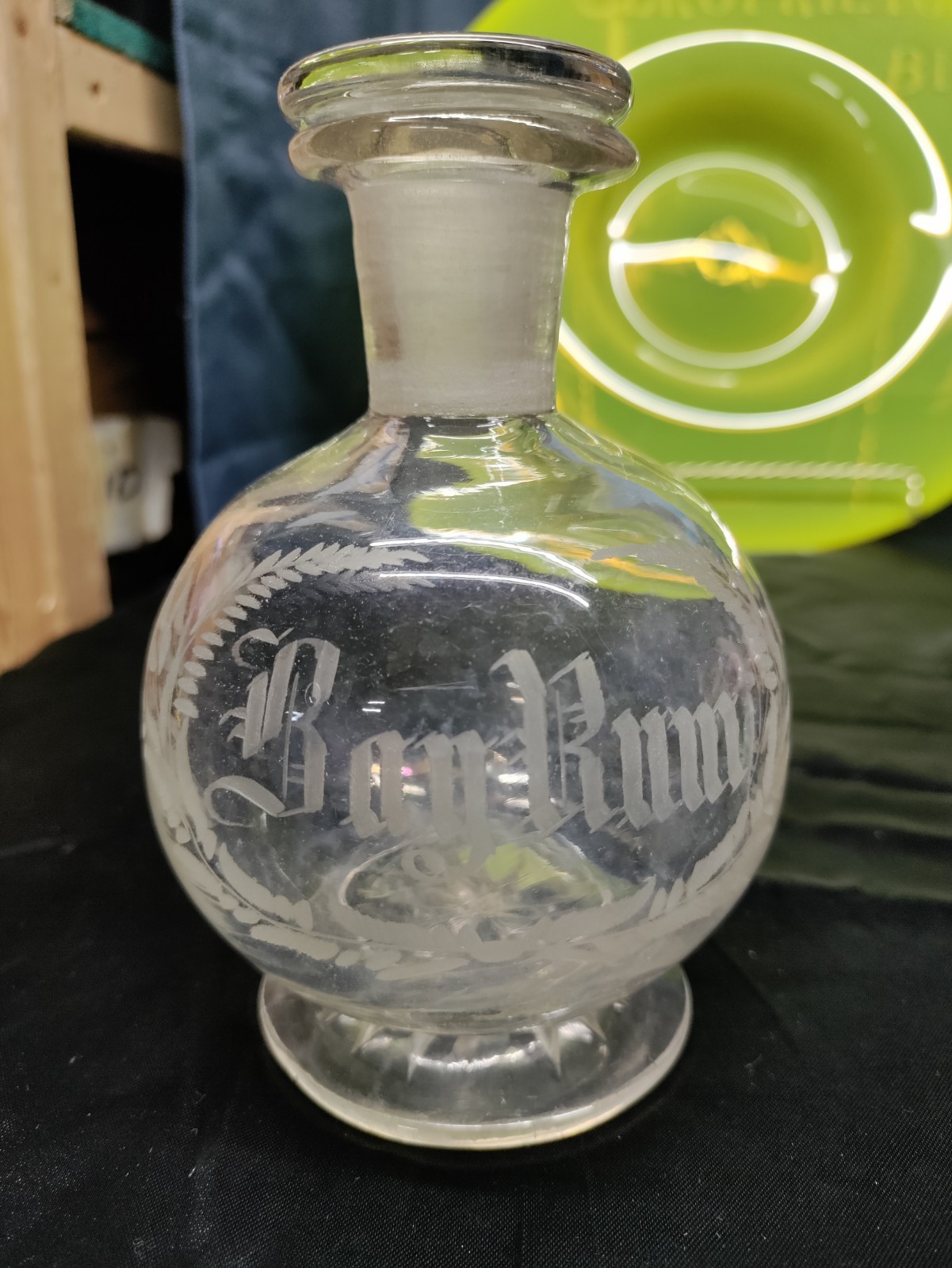 Antique Copper Wheel Etched Bay Rum Liquor Decanter With Stopper Circa 1800